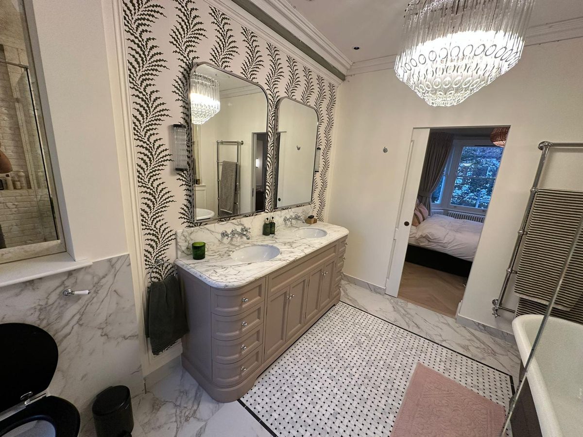 Period master bathroom, Wimbledon - twin marble vanity