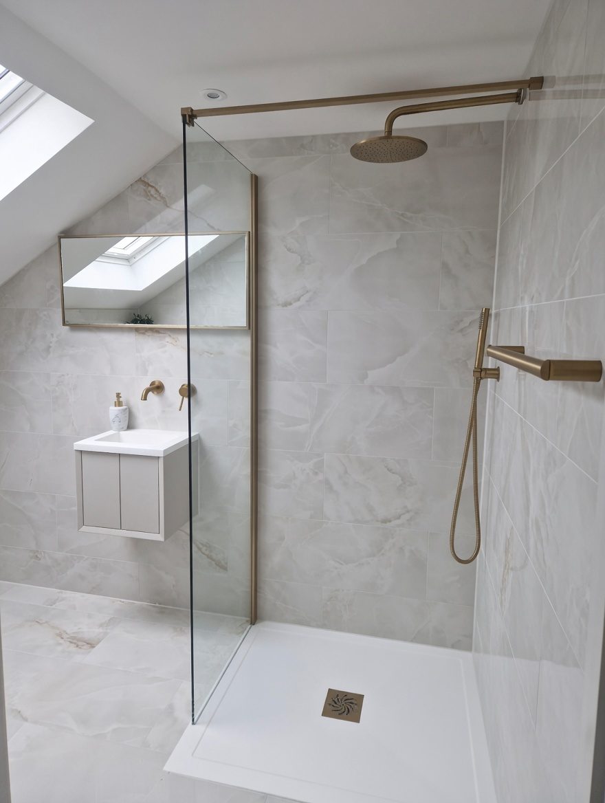 Walk-in shower and wall-hung vanity in marble